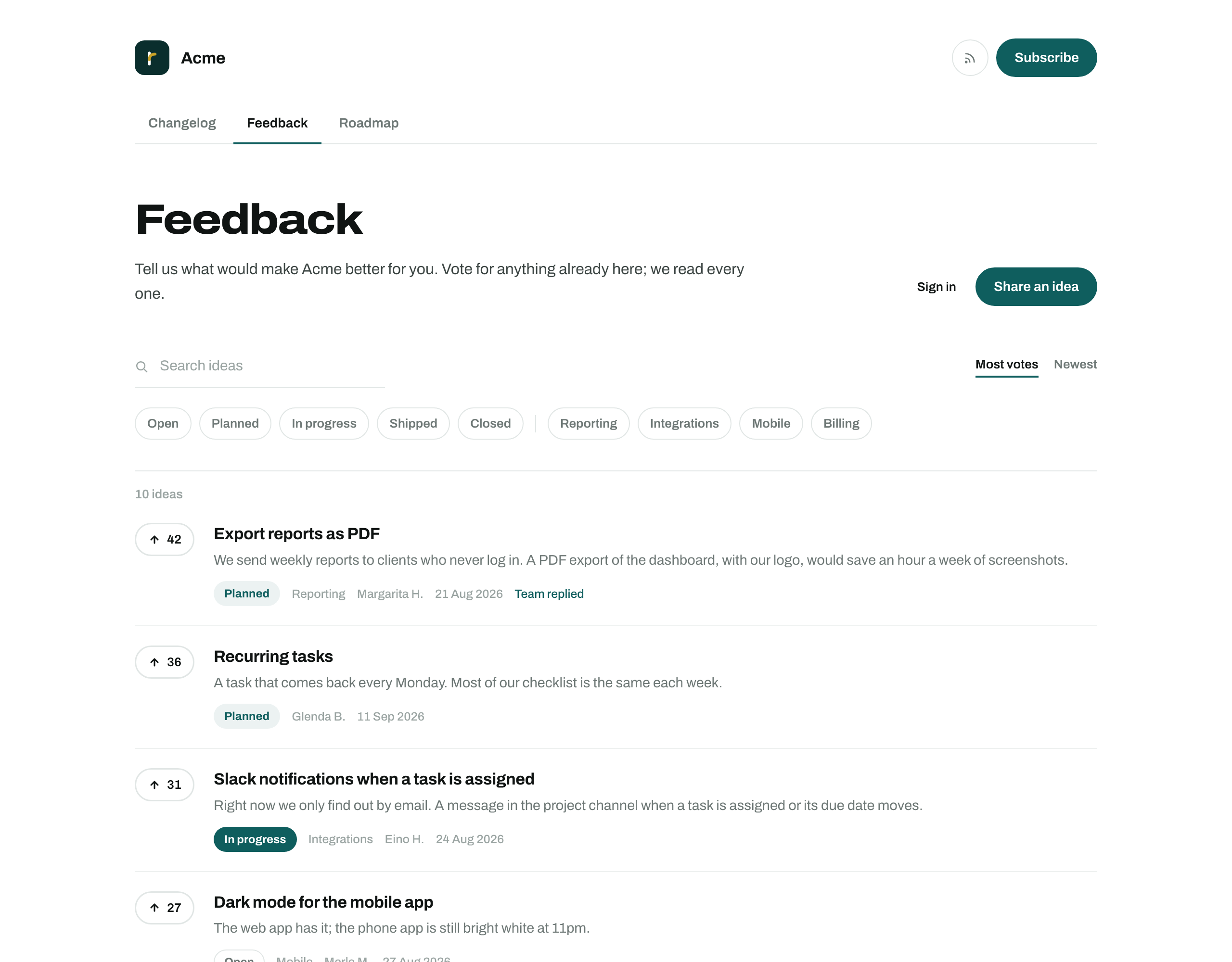 The Feedback tab on a changelog: a search box, status and topic filters, and a list of ideas with vote counts