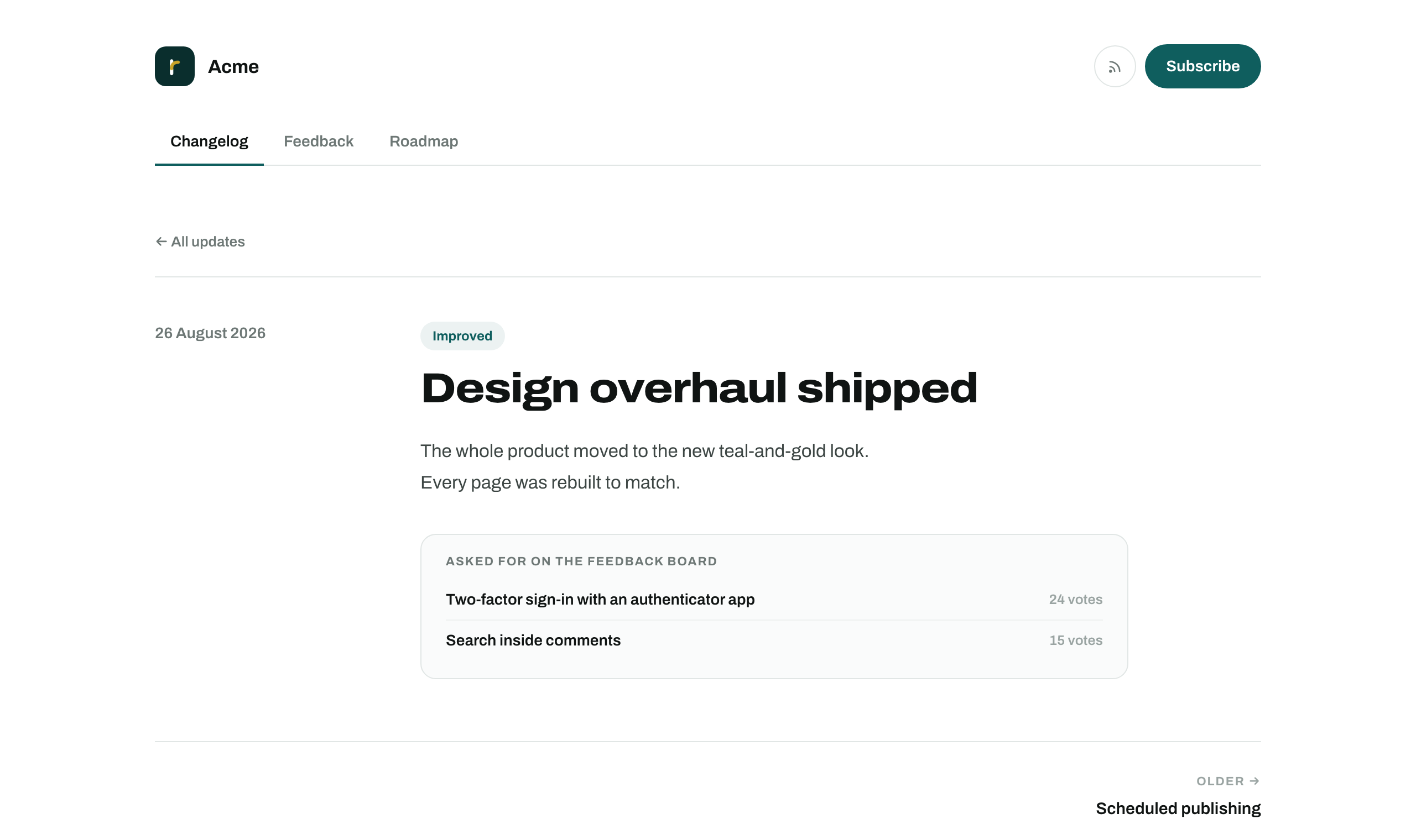 A changelog entry with a panel under it listing the two ideas it shipped and their vote counts
