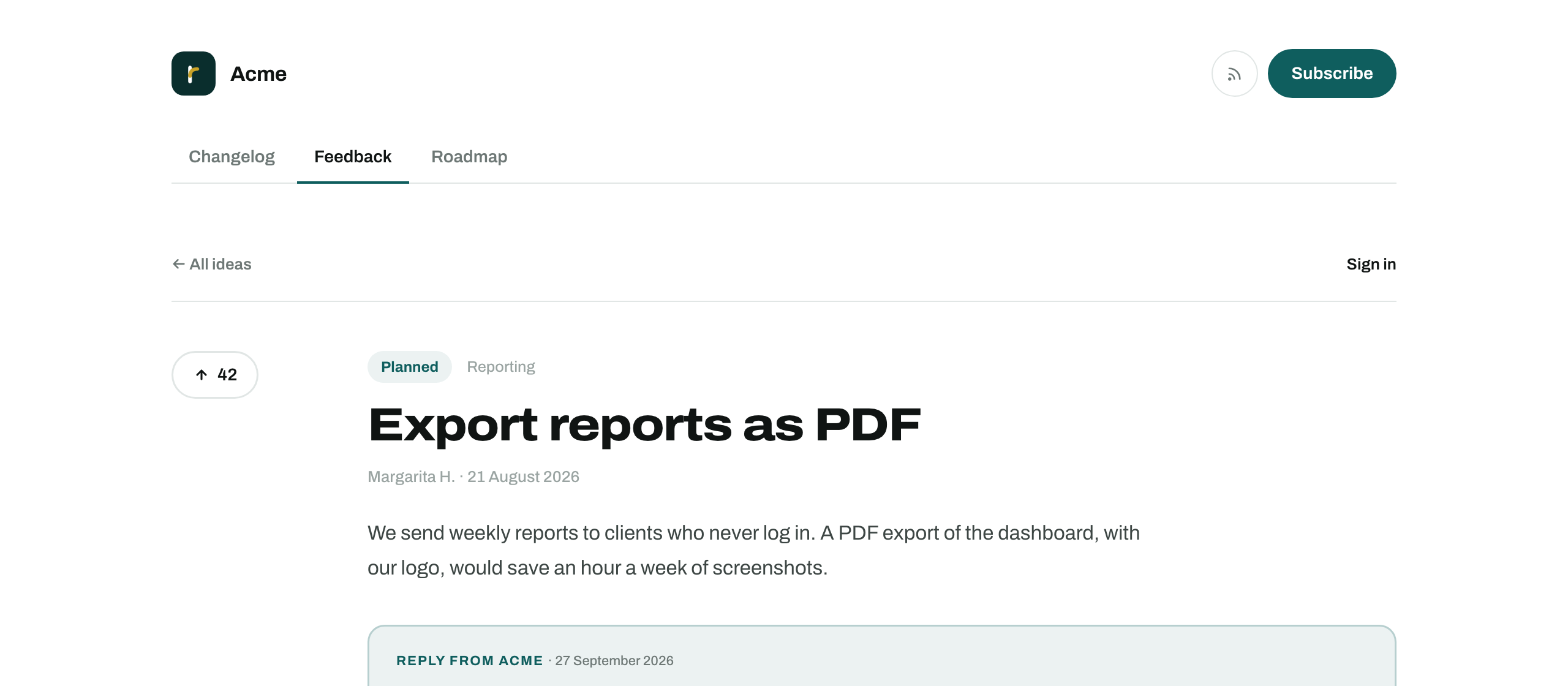 An idea on the public board with its vote button, a Planned status and a reply from the team